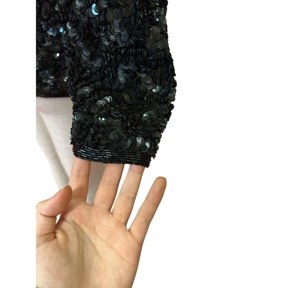 Vintage Laurence Kazar Black Sequined Long-Sleeve Jacket Blazer Evening Coat For - Picture 8 of 13